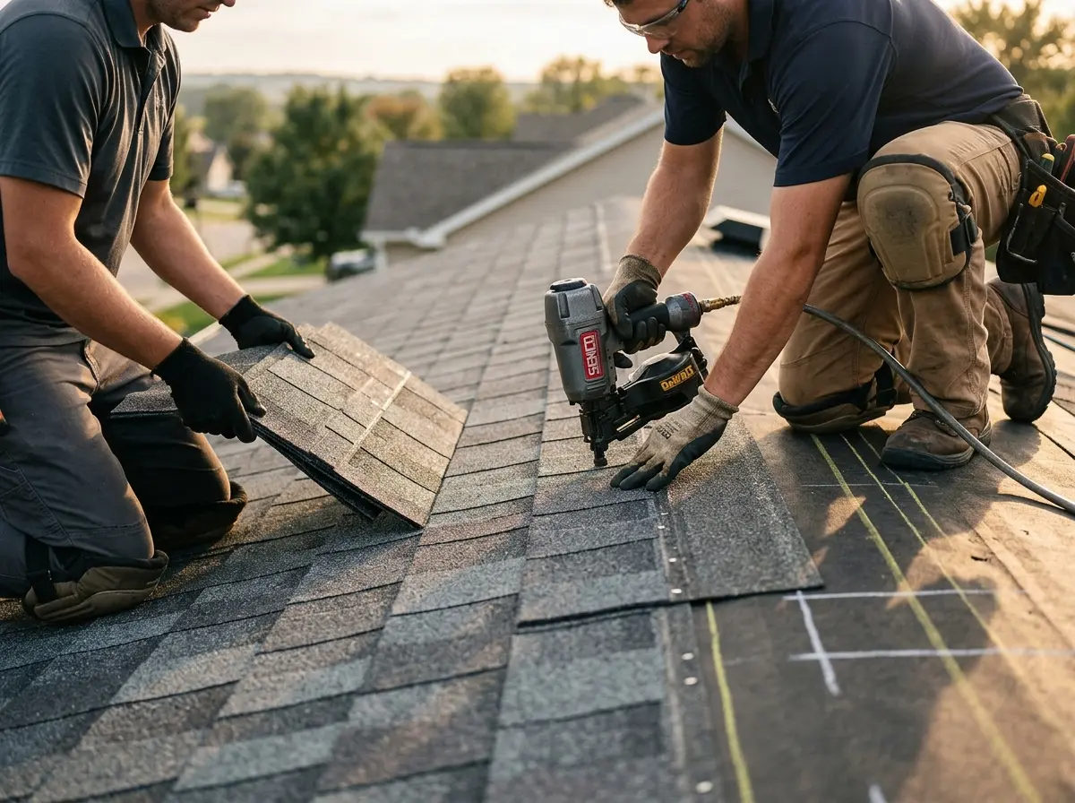 Professional roofer working on a residential roof in Aurora